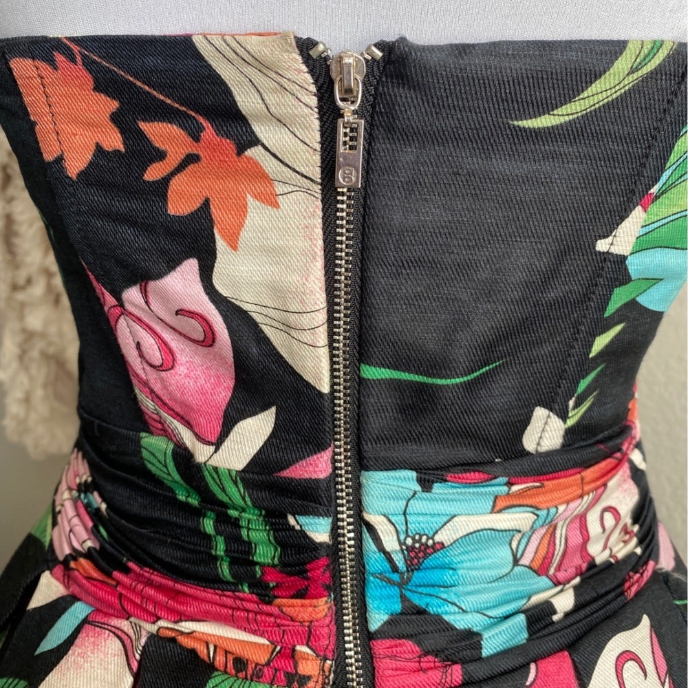 Y2K BEBE Linen Silk Floral Strapless Mini Dress Size XS Black‎ Party Cocktail - Picture 6 of 10